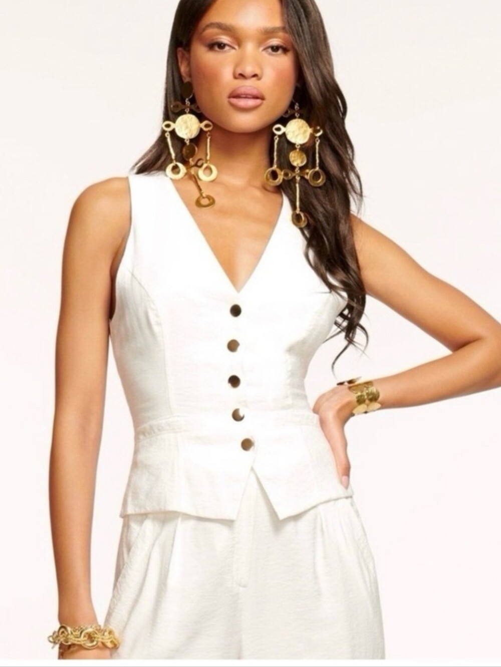 Sleeveless V-Neck Button Front White Jumpsuit